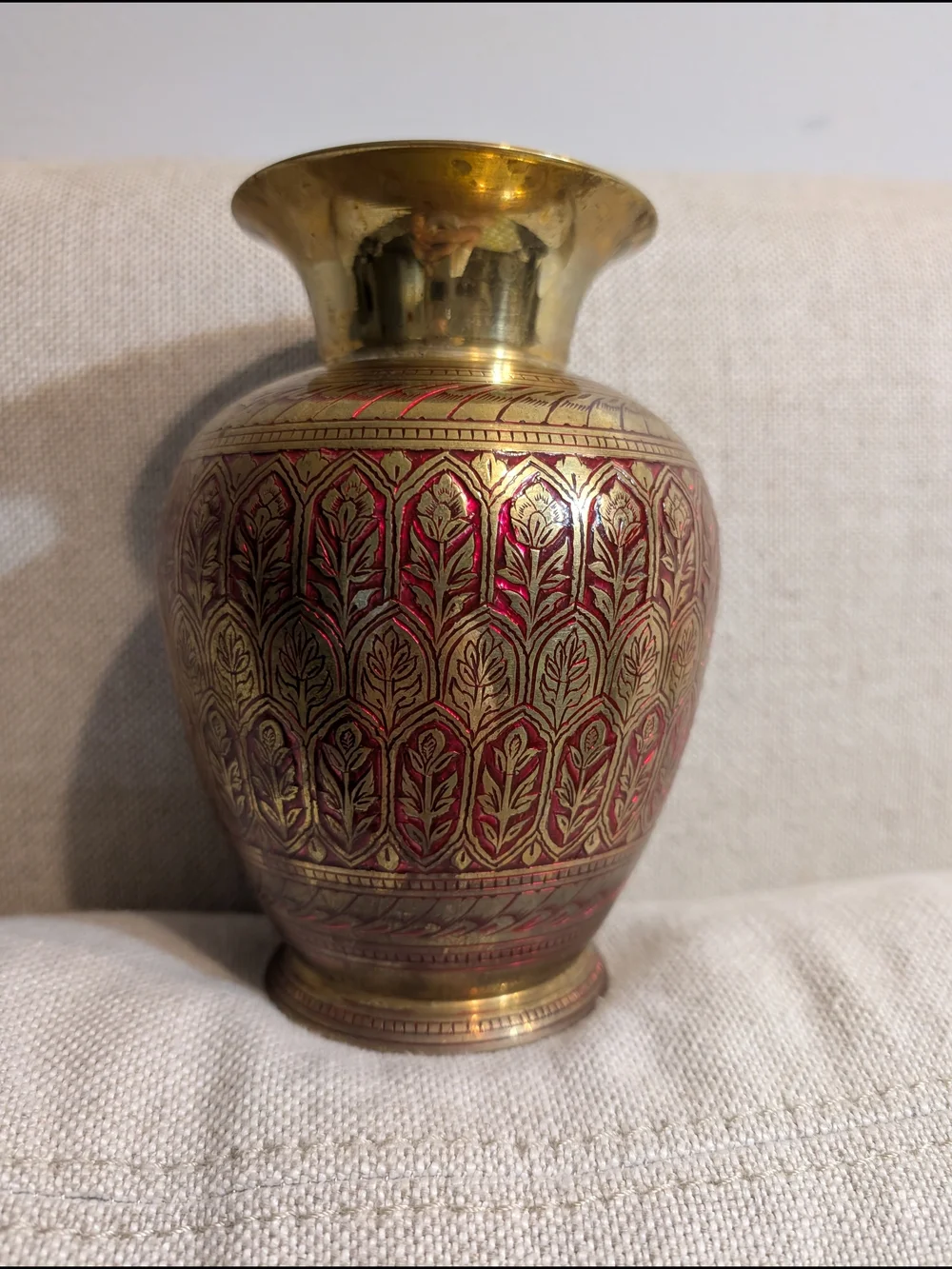 Brass Decorative Vase with Red Patina Accent Vintage Indian Home Accents